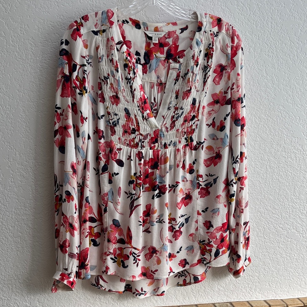 Lucky Brand Floral V-Neck Blouse - Red and Cream